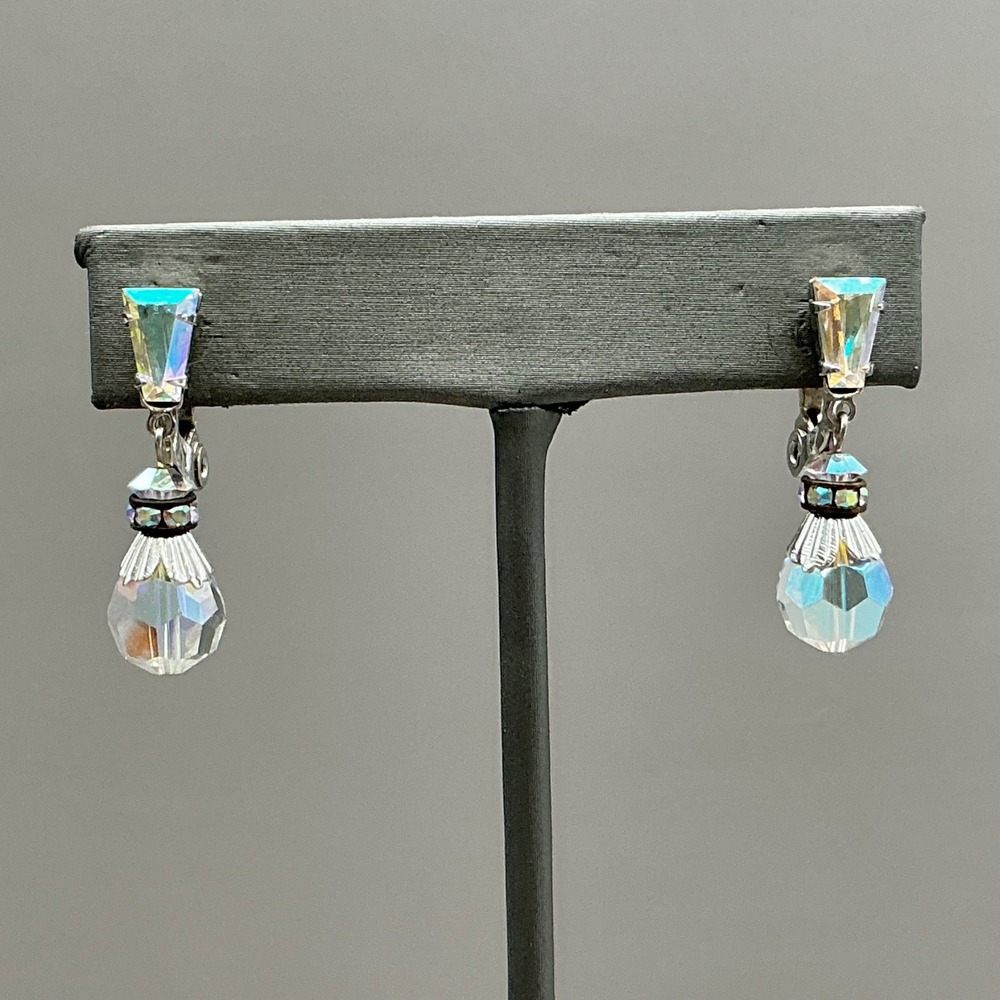 Lewis Segal Earrings Vintage Aurora Borealis Crystal Drop Silver Tone Pierced 2"